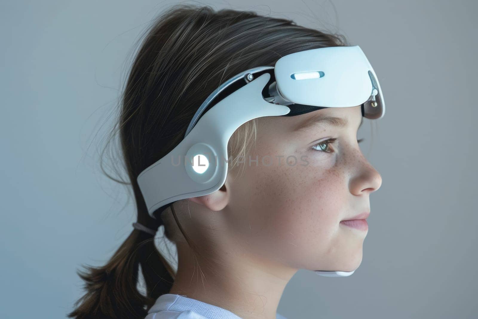 A young girl with a ponytail gazes thoughtfully, adorned with a futuristic white and black wearable headset equipped with illumination. This cutting-edge technology hints at the merging of play and learning in modern childhood