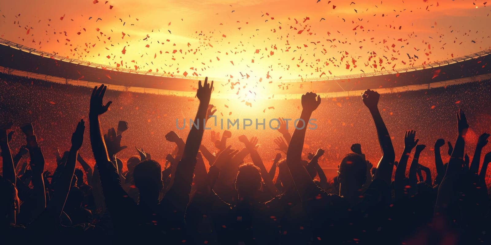 A crowd of people are standing in a stadium with their arms in the air AIG41 by biancoblue