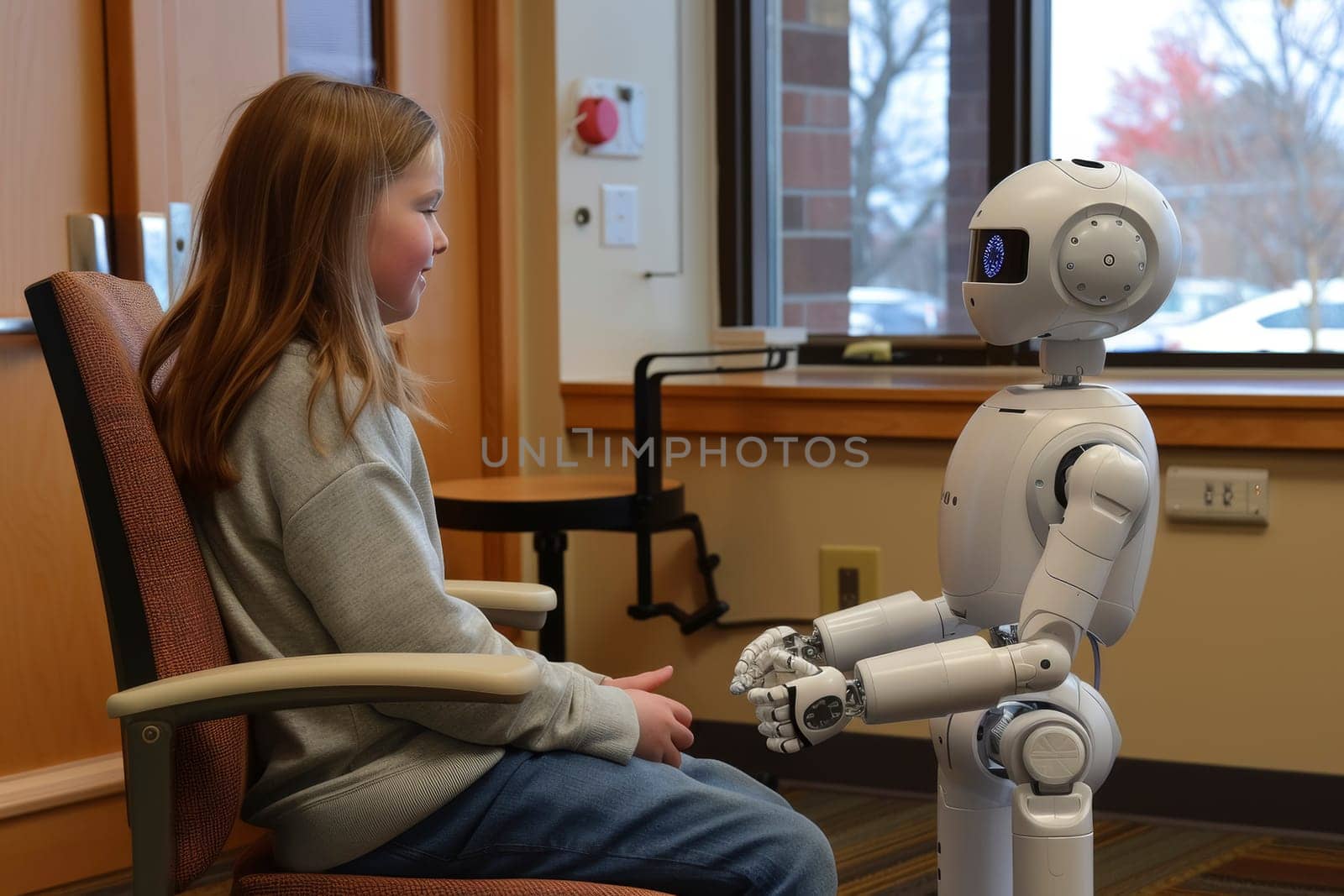 A young girl sits in a classroom setting, focused on a white humanoid robot. This interaction showcases the use of robotics in therapeutic settings for children