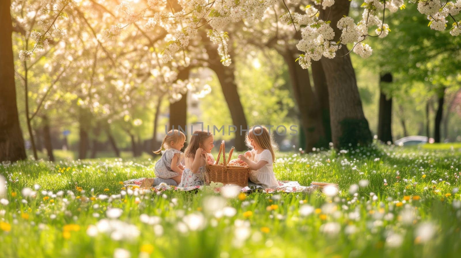 Happy family picnicking in a park surrounded by beautiful flowers AIG41 by biancoblue