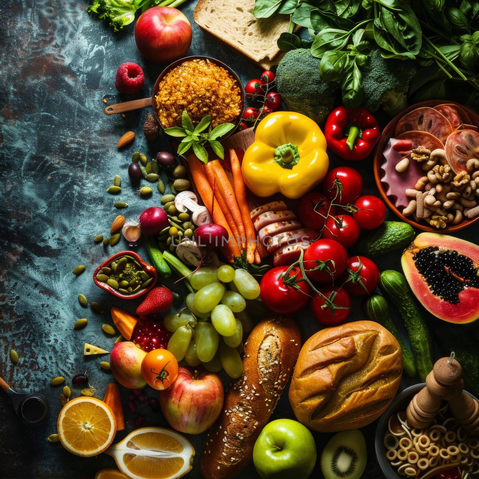 An assortment of fresh Mediterranean diet ingredients showcases a colorful feast for the senses. The image captures the essence of wholesome nutrition