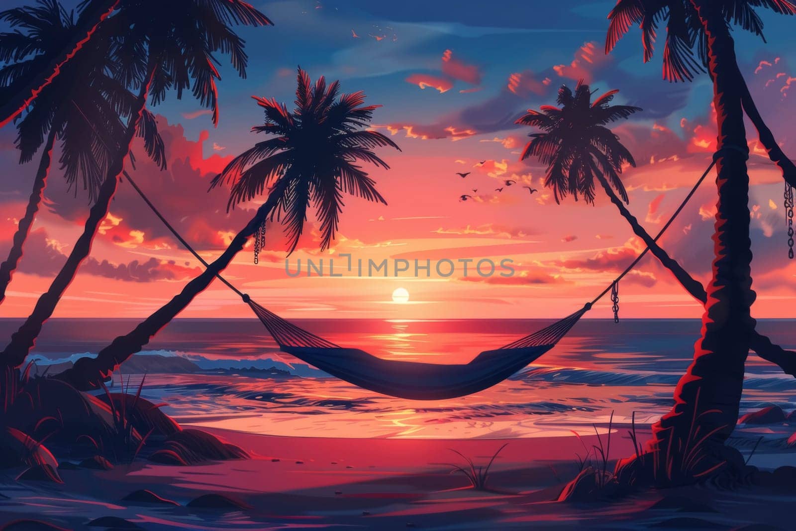 A tranquil beach scene at sunset, where a hammock gently sways between palm trees. The sky's warm hues reflect off the calm sea, inviting relaxation