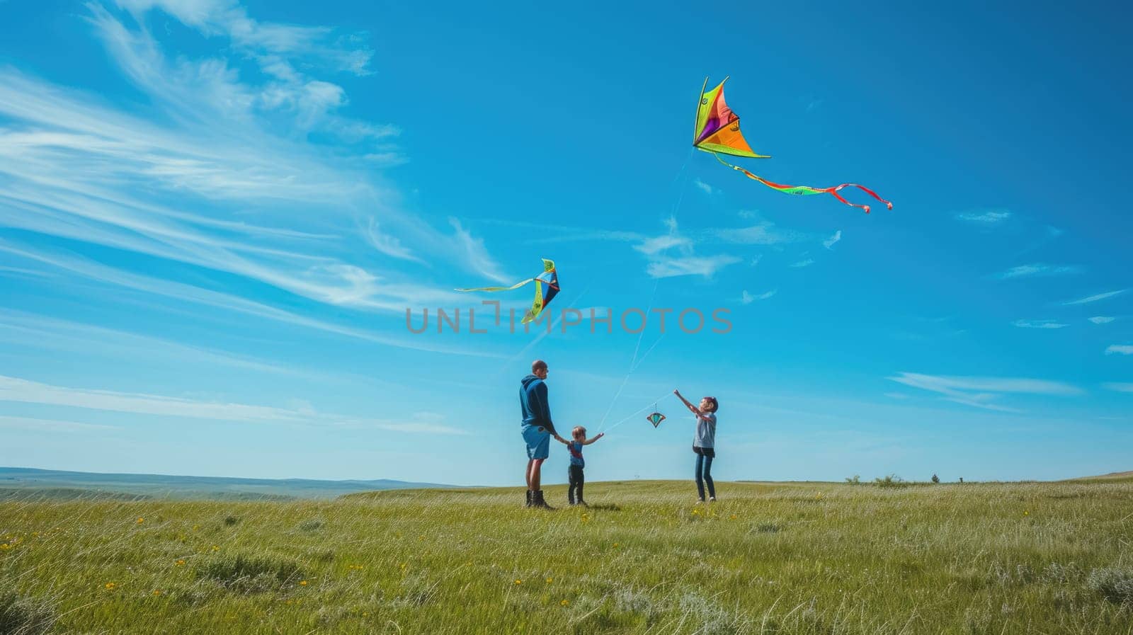 A happy family enjoys flying kites in the sky, surrounded by the natural landscape of a grassy field under the clouds. AIG41