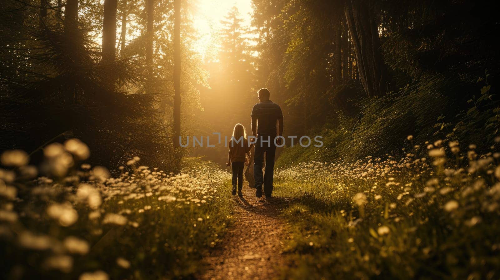 A woman and child stroll through a forest, hand in hand, amidst trees, plants, and natural woodland landscape. AIG41