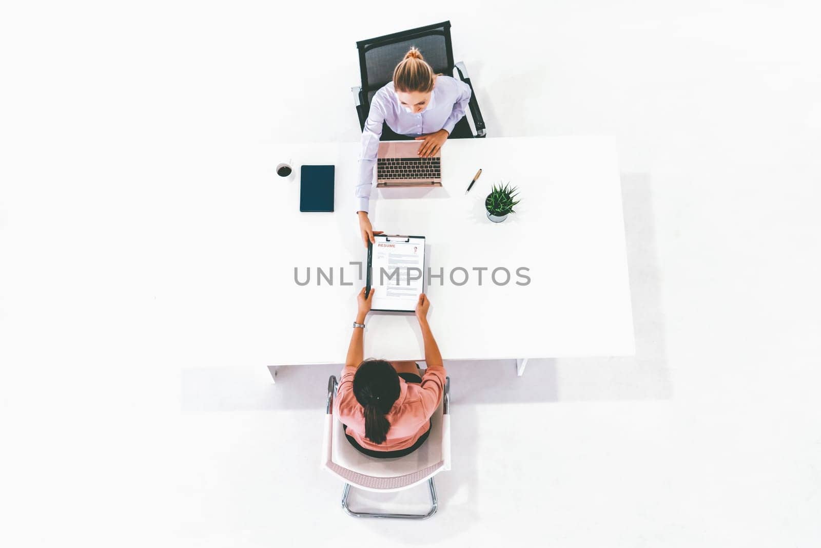 Two young business women in meeting at office table for job application and business agreement. Recruitment and human resources concept. uds