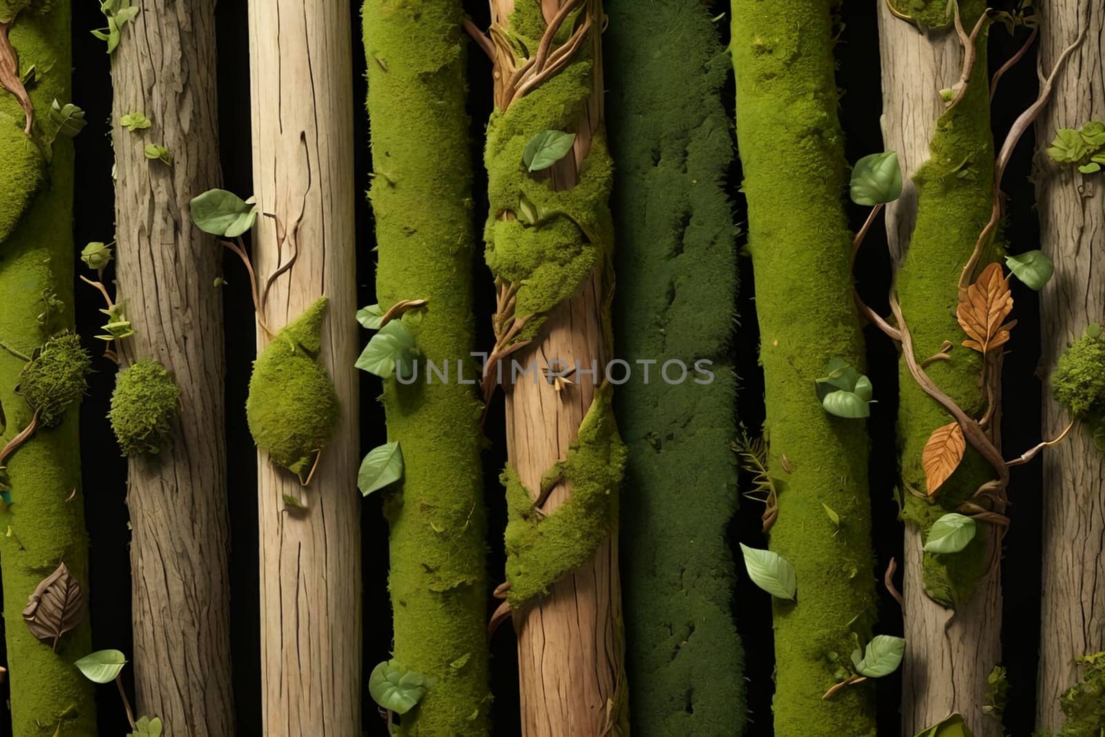 background of green moss on old wood. AI generated image.