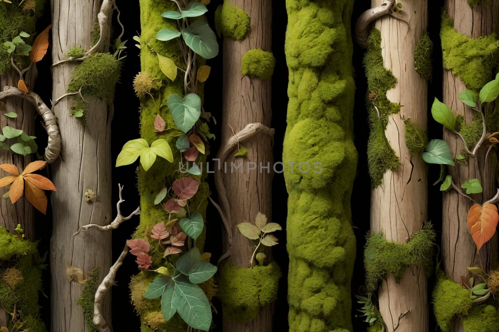 background of green moss on old wood. AI generated image.
