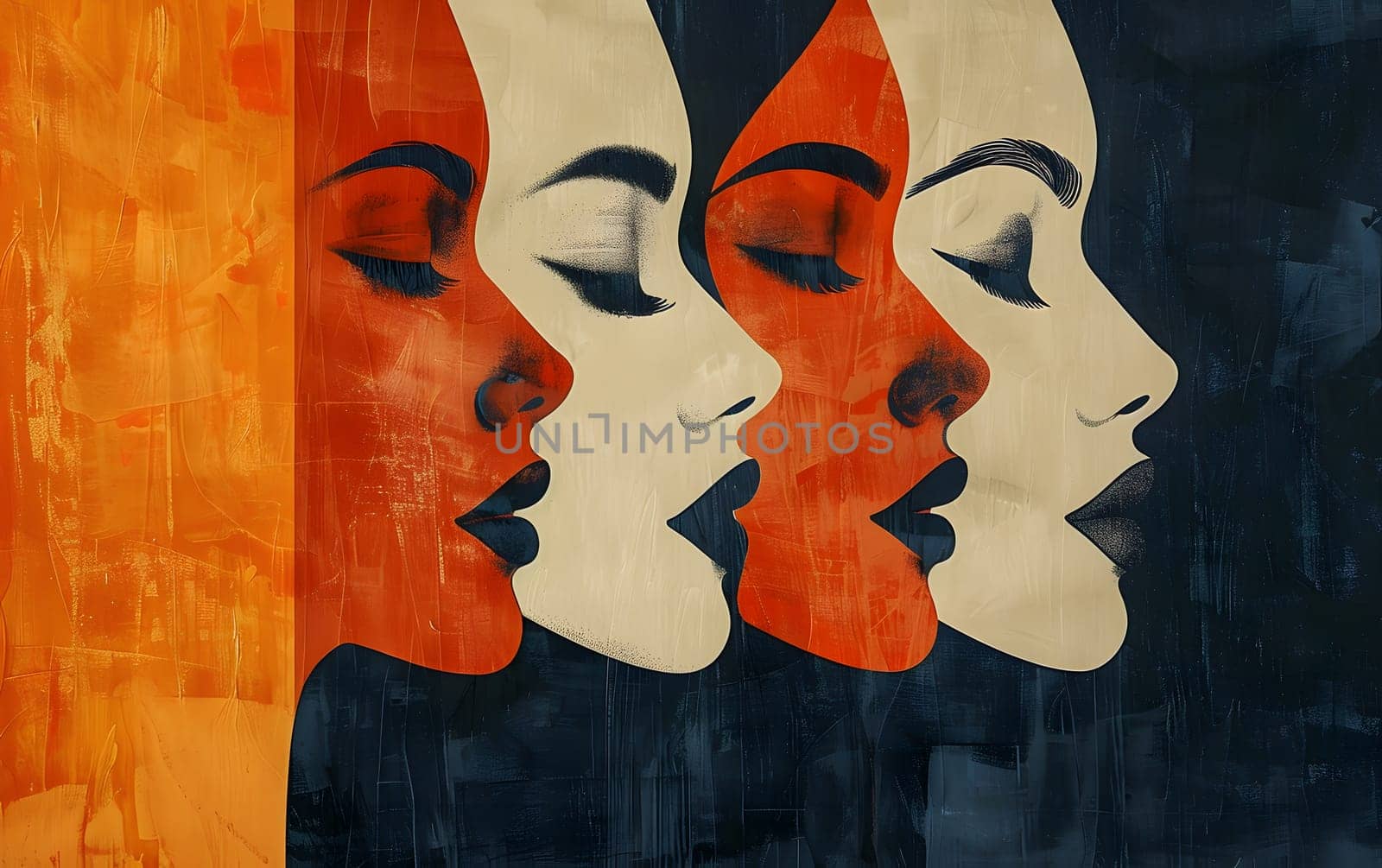 A painting on an orange wall of three womens faces with closed eyes. Each face shows delicate features like nose, cheek, and chin, capturing different facial expressions through art paint