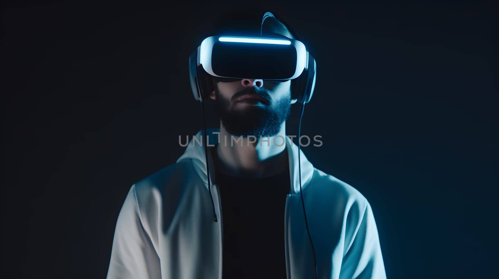 man in a glowing vr glasses, generative ai. High quality photo