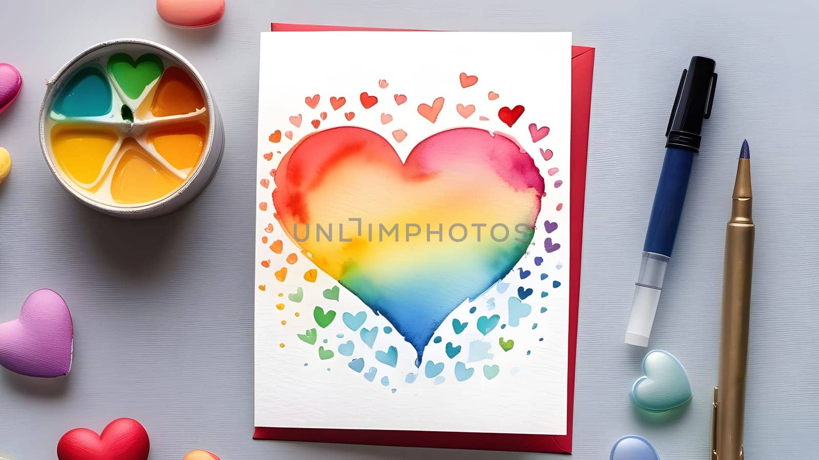 watercolor painted rainbow colors hearts, generative ai. High quality photo