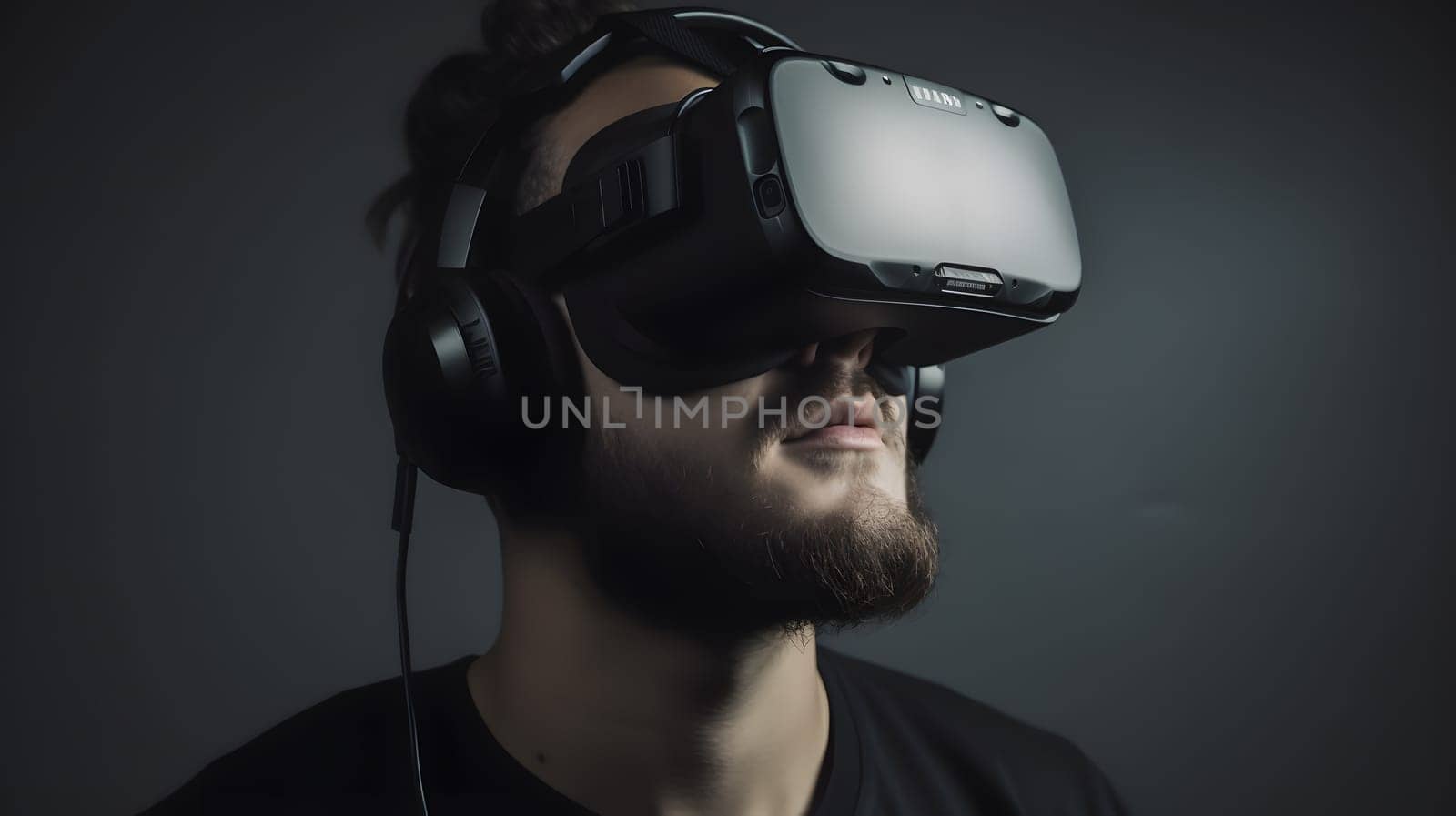 man in a glowing vr glasses, generative ai. High quality photo