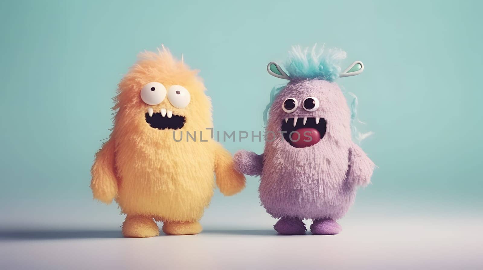 two funny fluffy toy monsters, generative ai. High quality photo