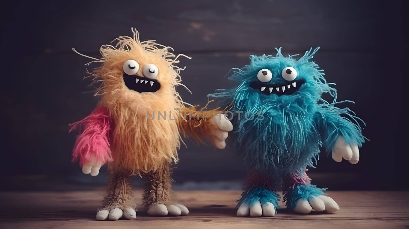 two funny fluffy toy monsters, generative ai. High quality photo