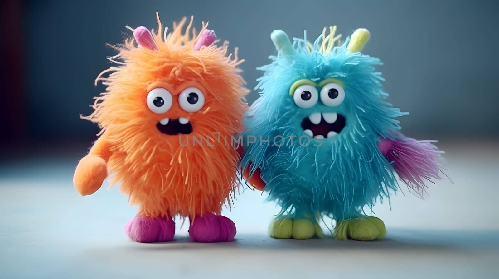 two funny fluffy toy monsters, generative ai. High quality photo