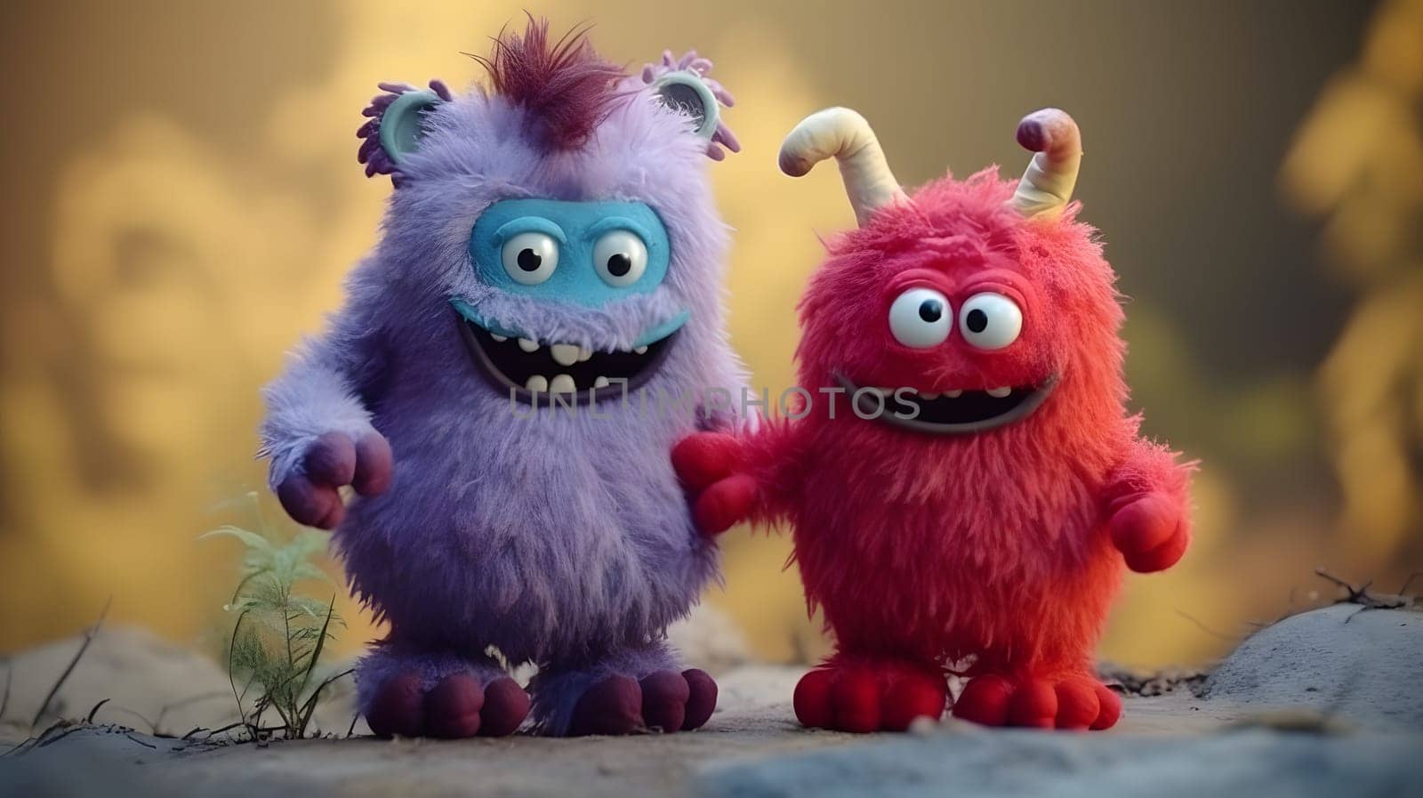 two funny fluffy toy monsters, generative ai. High quality photo