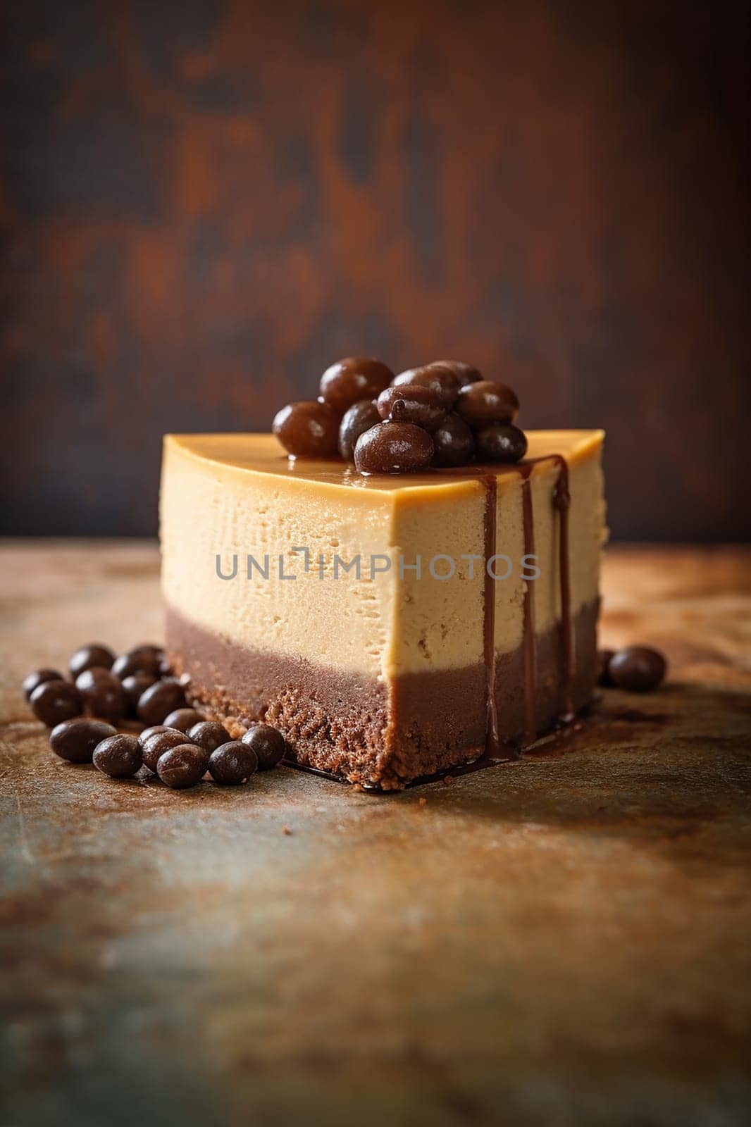 A delectable layered chocolate and coffee cheesecake adorned with coffee beans. by Hype2art
