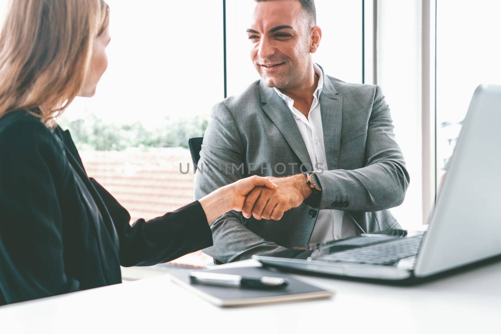 Businessman executive handshake with businesswoman worker in modern workplace office. People corporate business deals concept. uds