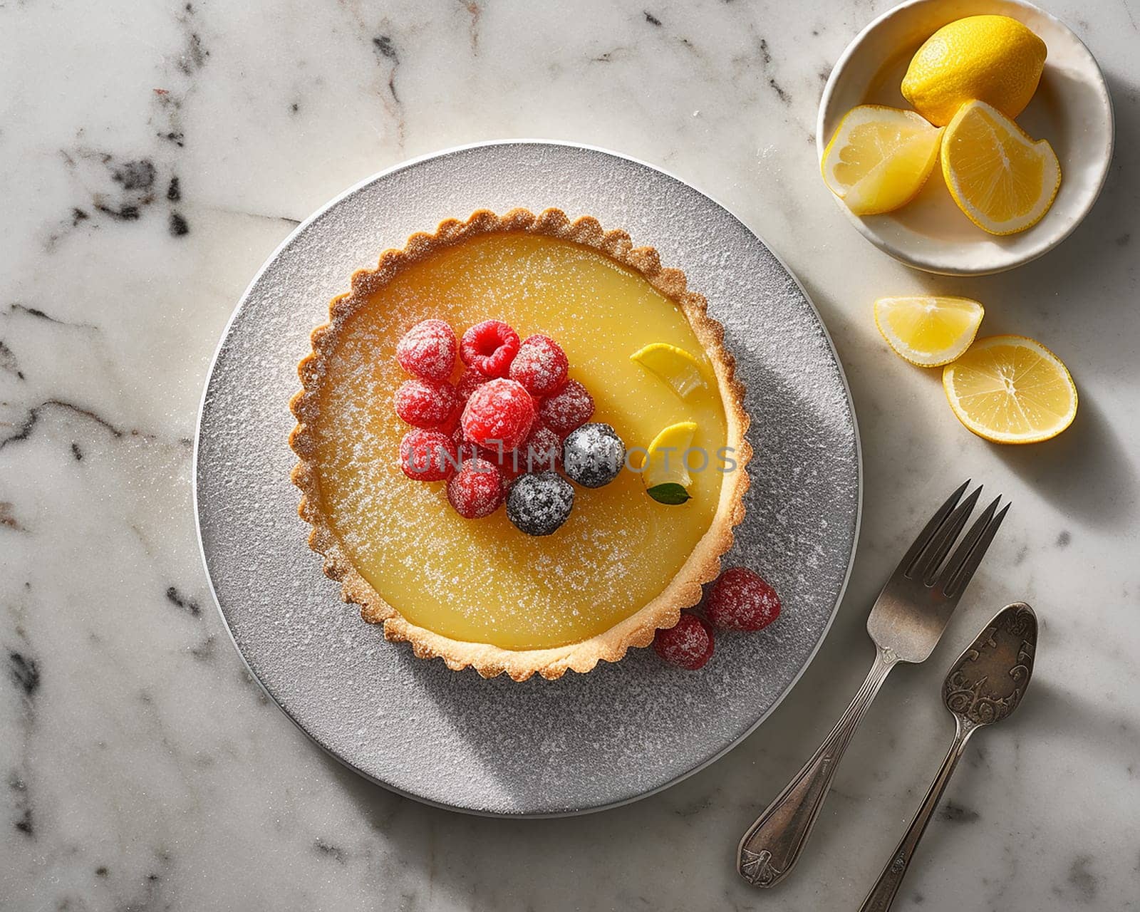 Citrus tart topped with fresh raspberries and dusted with powdered sugar on marble surface.