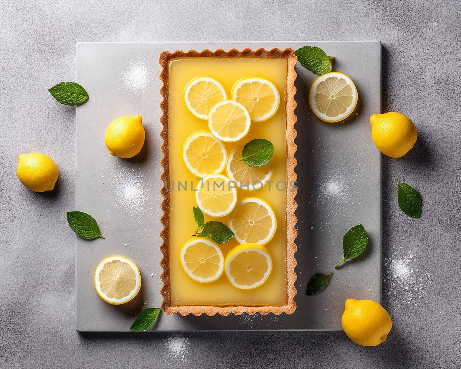 Lemon tart with fresh slices and mint on a square plate, overhead view. by Hype2art