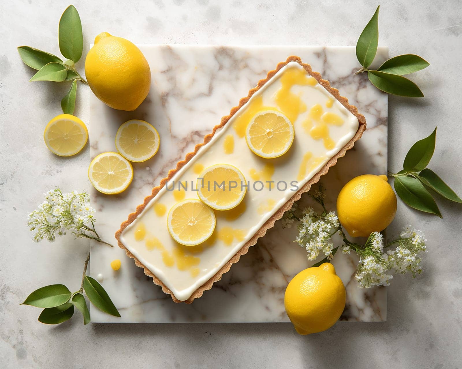 Lemon tart on marble surface with fresh lemons and flowers.