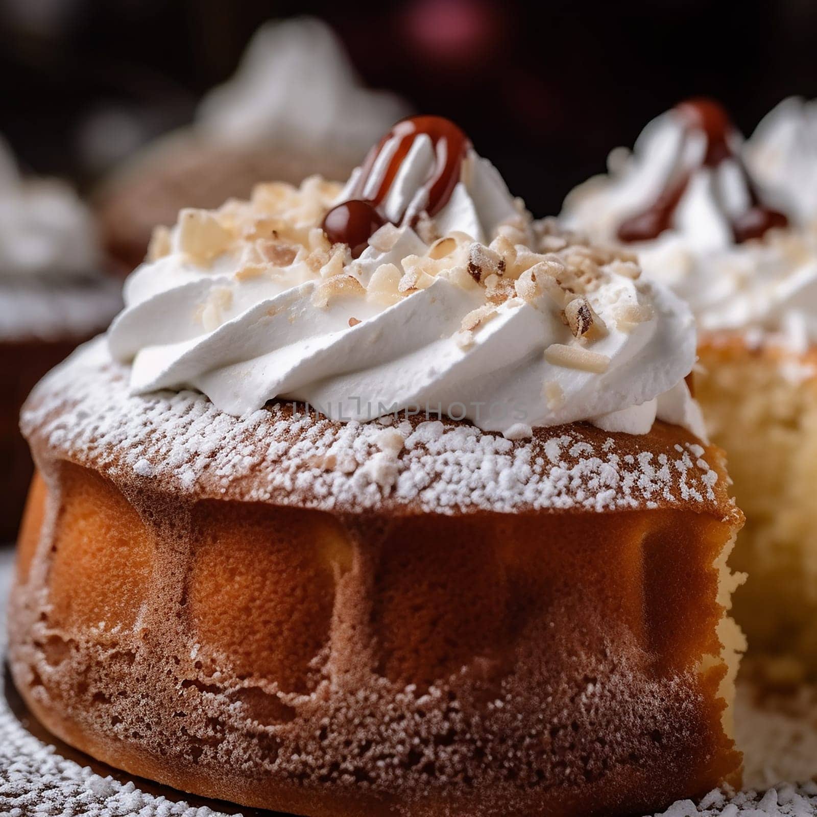 Delicious fluffy cake topped with whipped cream, drizzle, and powdered sugar.