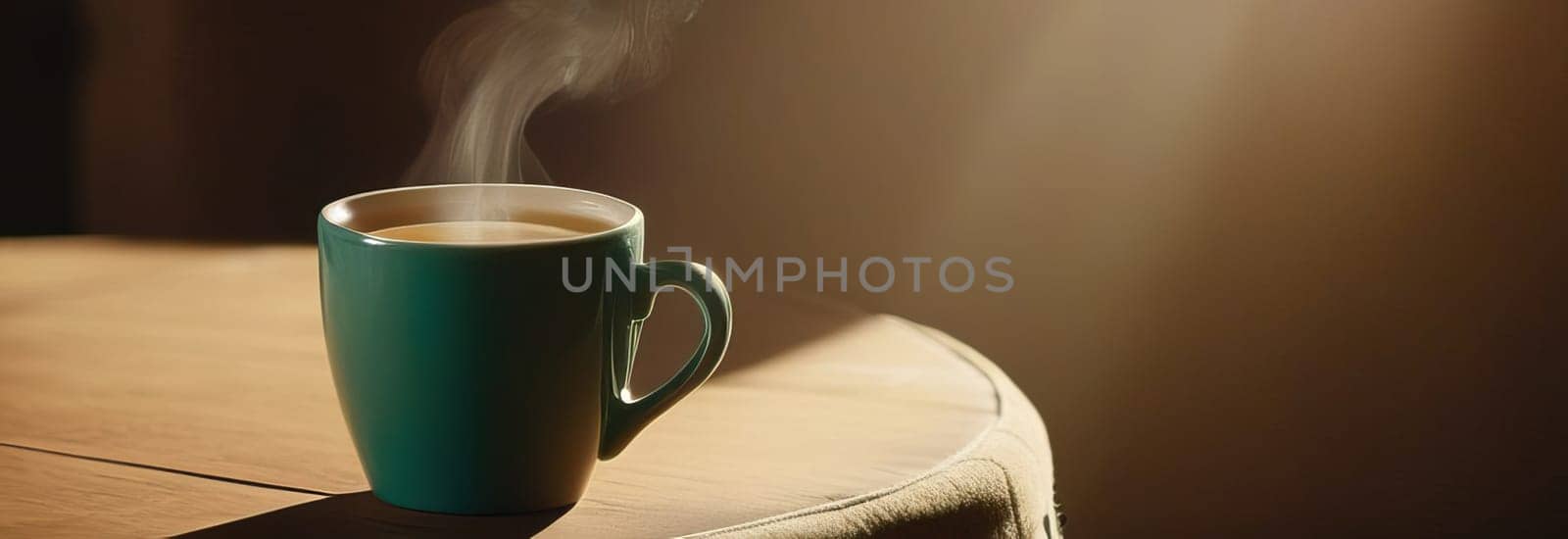 Steaming cup of tea being poured into waiting cup sitting gracefully on wooden table, capturing essence of morning rituals. Rich aroma fills air, promising moment of warmth. Calming moment in busy day