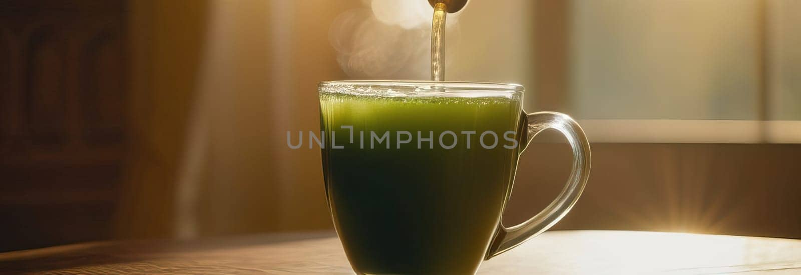 Steaming cup of tea being poured into waiting cup sitting gracefully on wooden table, capturing essence of morning rituals. Rich aroma fills air, promising moment of warmth. Calming moment in busy day