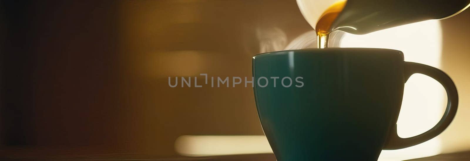 Steaming cup of tea being poured into waiting cup sitting gracefully on wooden table, capturing essence of morning rituals. Rich aroma fills air, promising moment of warmth. Calming moment in busy day