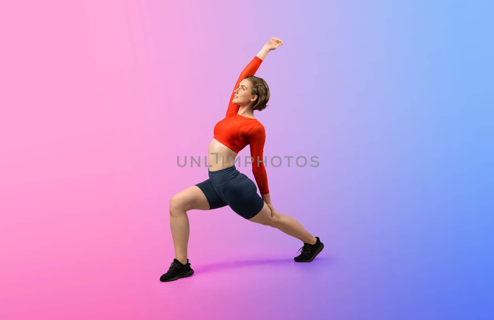 Full body length gaiety shot athletic and sporty woman doing healthy and meditative yoga exercise workout posture on isolated background. Healthy active and body care lifestyle