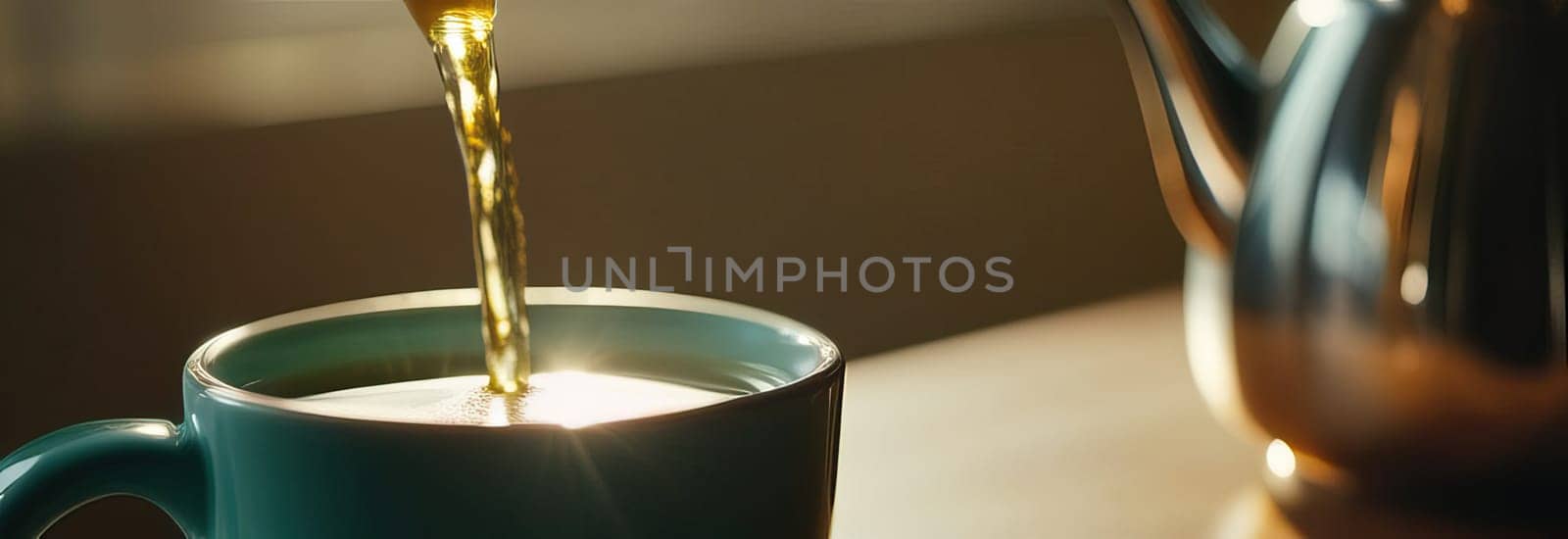 Soothing cup of tea with fresh mint leaves, placed elegantly on rustic wooden table, invoking sense of calm and relaxation. Cup of tea infused with lemon and aromatic mint leaves, blend of flavors