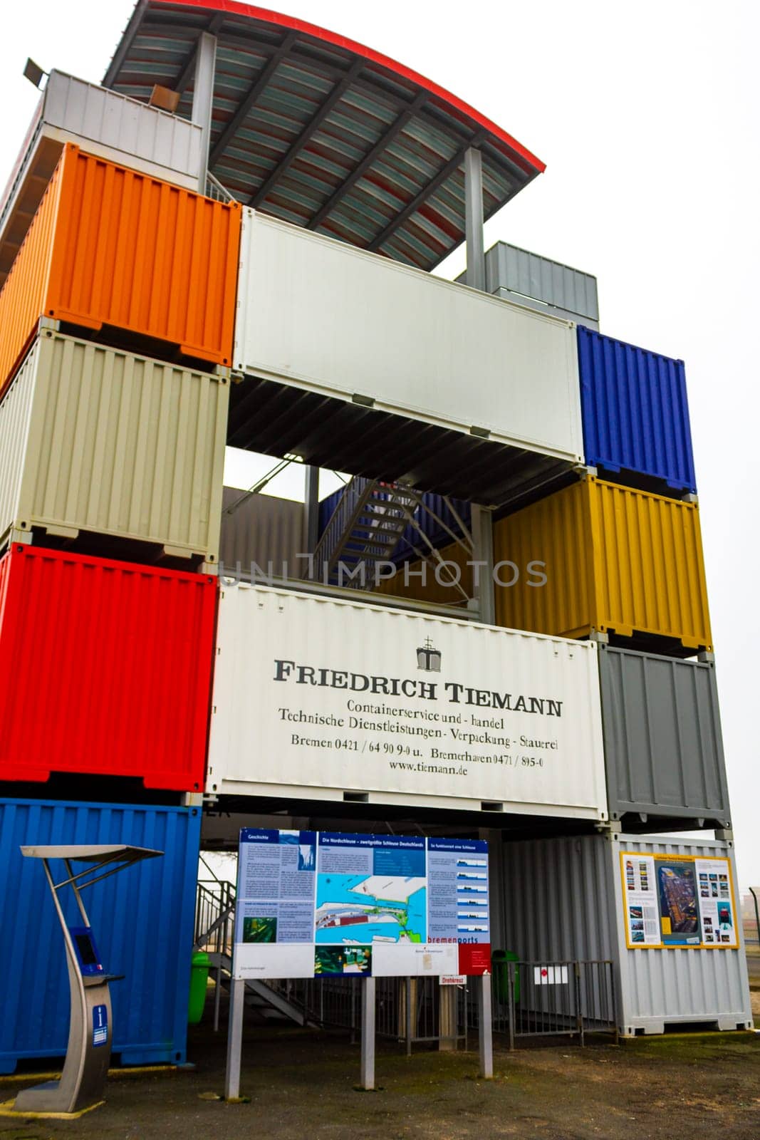 Bremerhaven Bremen Germany 30. January 2011 Container observation tower stacked colorful containers in Überseehafen overseas port Bremerhaven Bremen Germany.