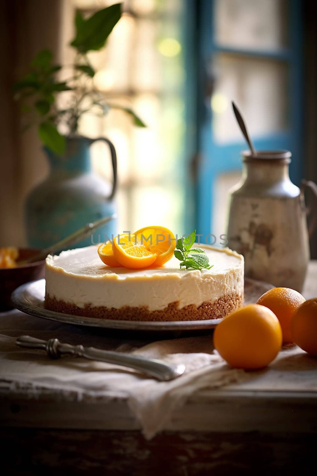 Citrus cheesecake on wooden table with fresh oranges and milk pitcher