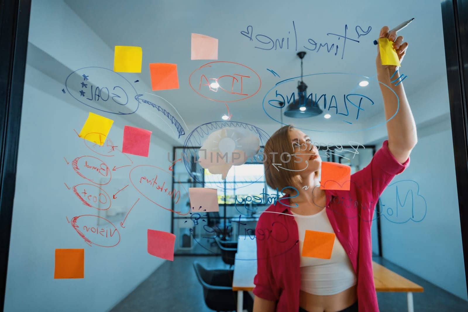 Closeup of attractive smart caucasian businesswoman brainstorms and planing marketing idea by using mind map and colorful sticker on glass board. Creative start up business concept. Immaculate.