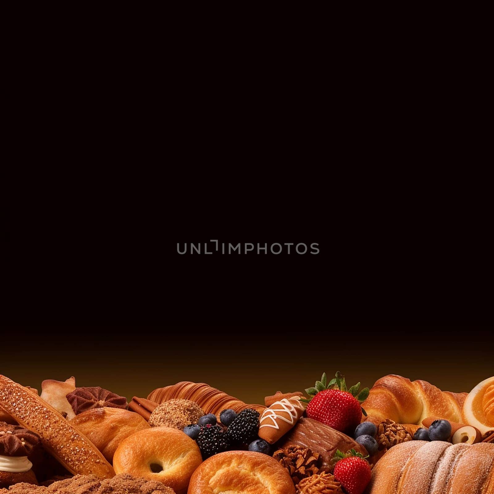 Assorted bakery products with fruits on dark background.