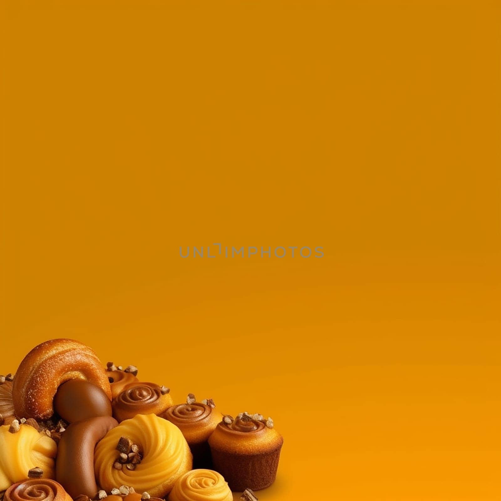 Assorted pastries with chocolate on a yellow background.