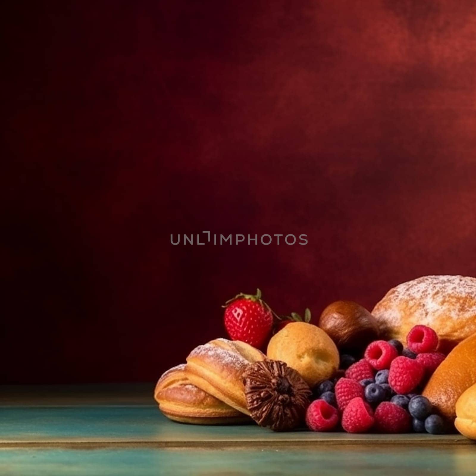 Assorted fresh berries and pastries displayed on a wooden surface.