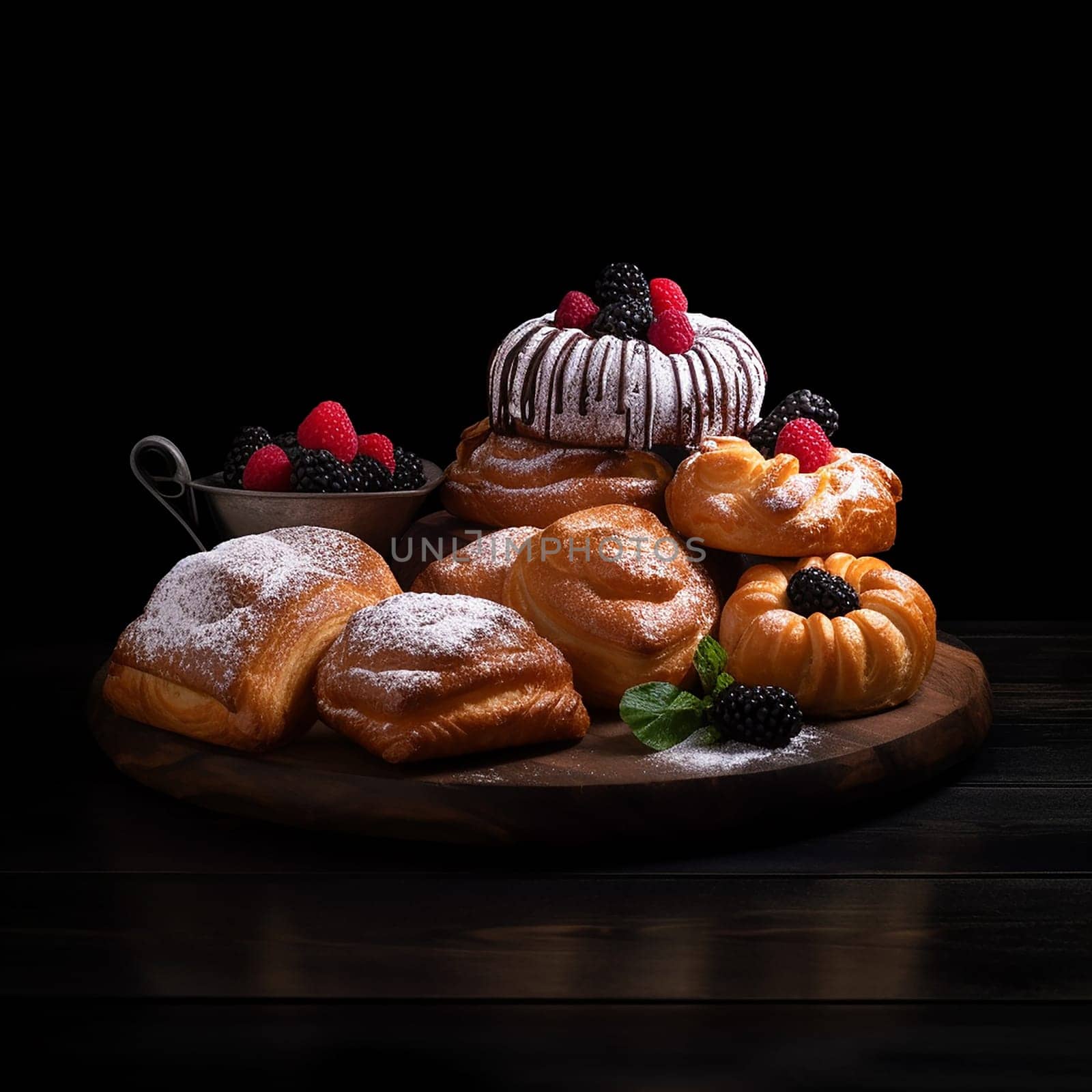 Assortment of baked goods with berries on a dark background by Hype2art