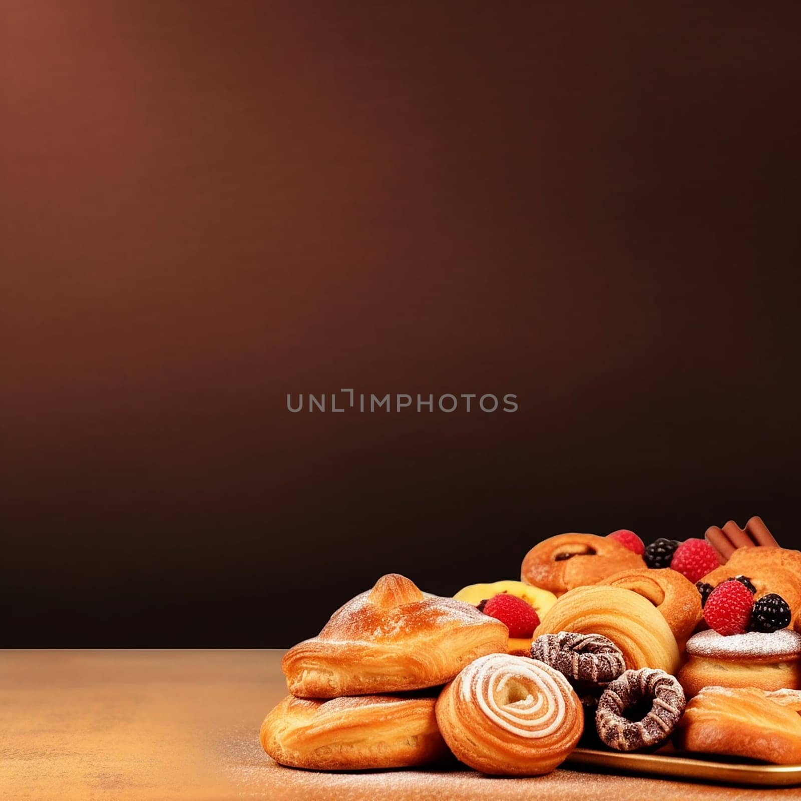 Assorted pastries with berries on a wooden surface against a dark background