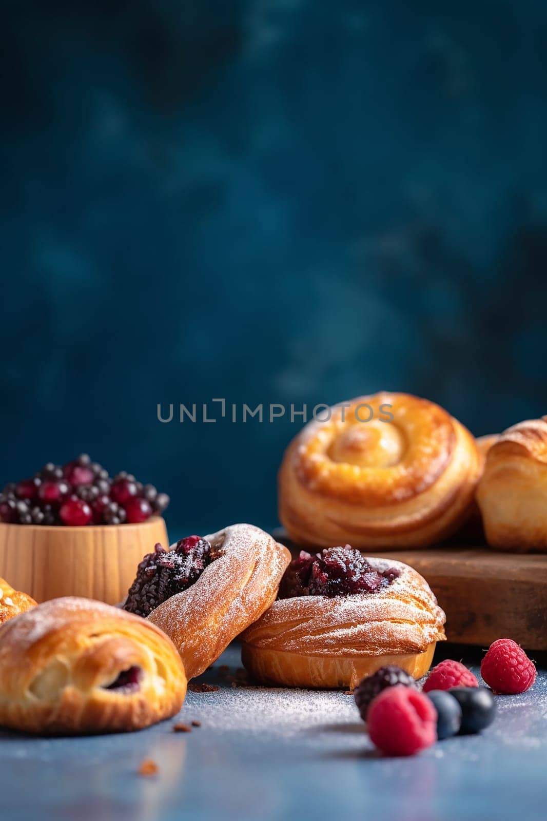 Assorted sweet pastries with berries on a dark background