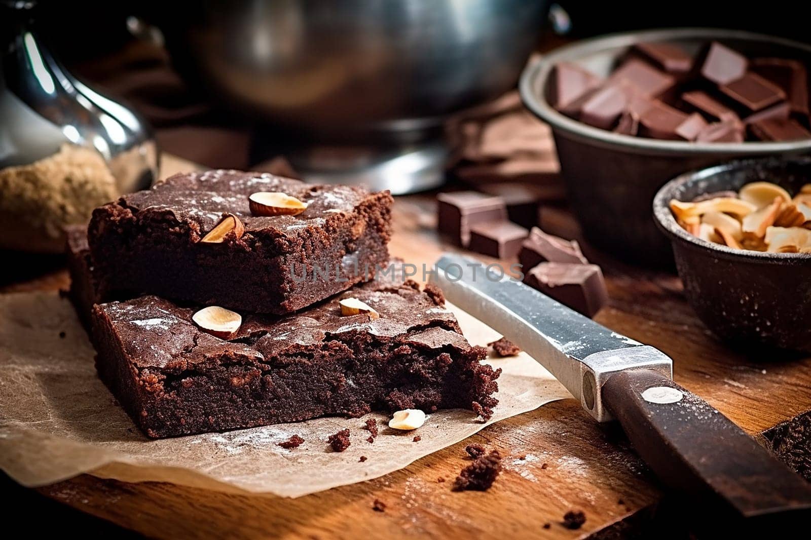 Moist chocolate brownies with nuts on a wooden surface, rustic kitchen setting.