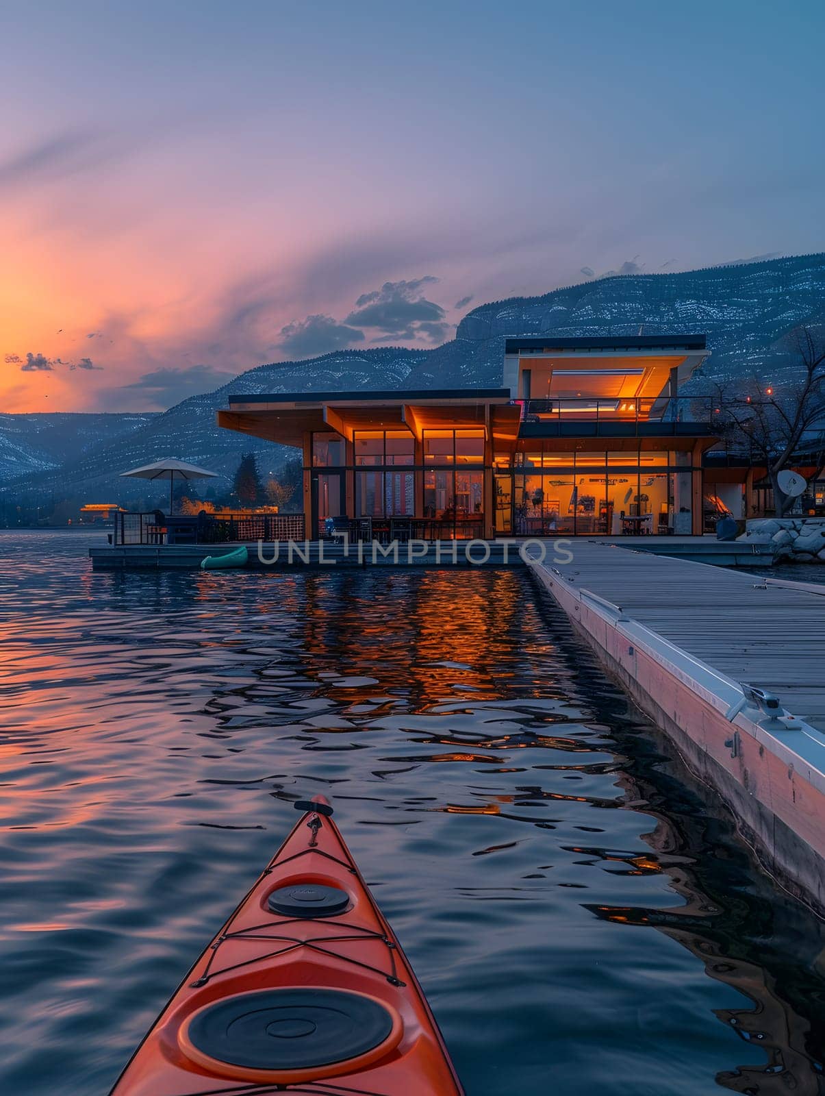 A kayak is moored at a lake dock under a colorful sunset sky with clouds, surrounded by nature and other boats, creating a serene watercraft scene
