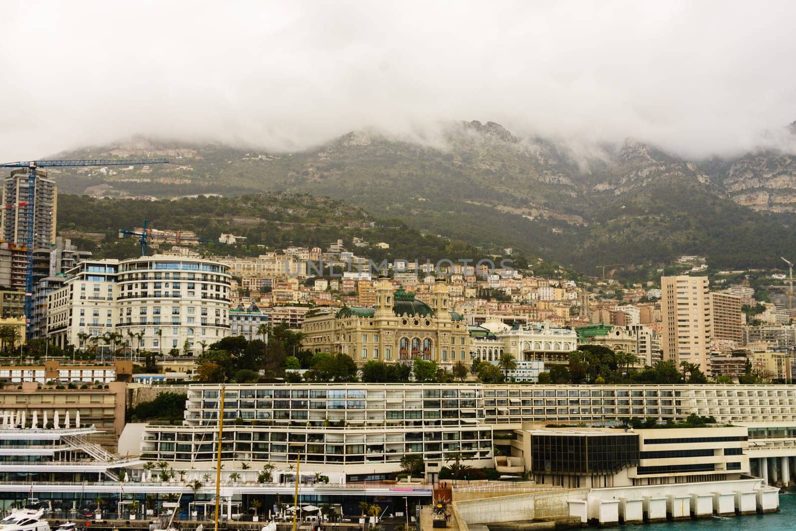 Panoramic view of Monte Carlo marina and cityscape. Principality of Monaco, French Riviera