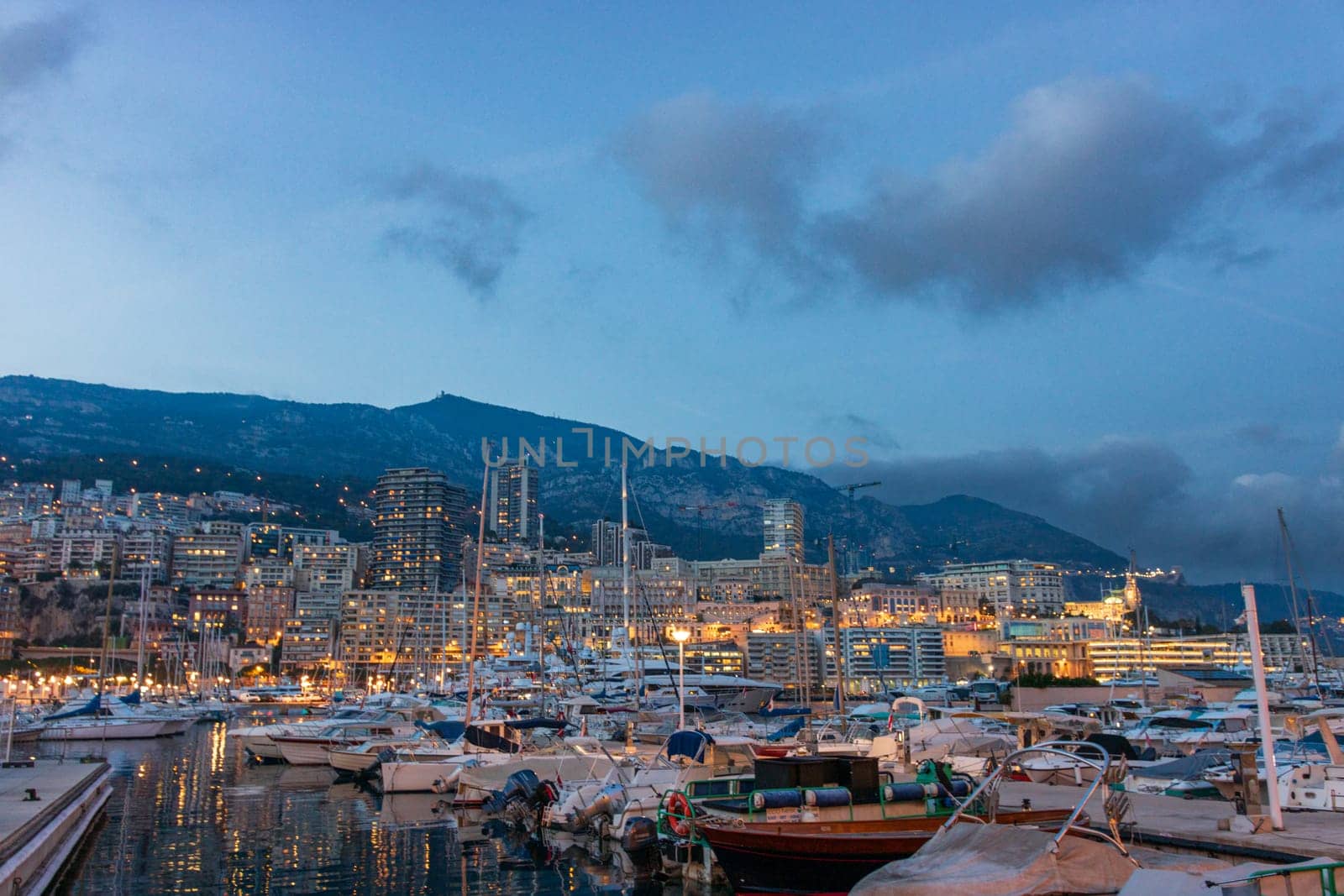 Panoramic view of Monte Carlo marina and cityscape. Principality of Monaco, French Riviera