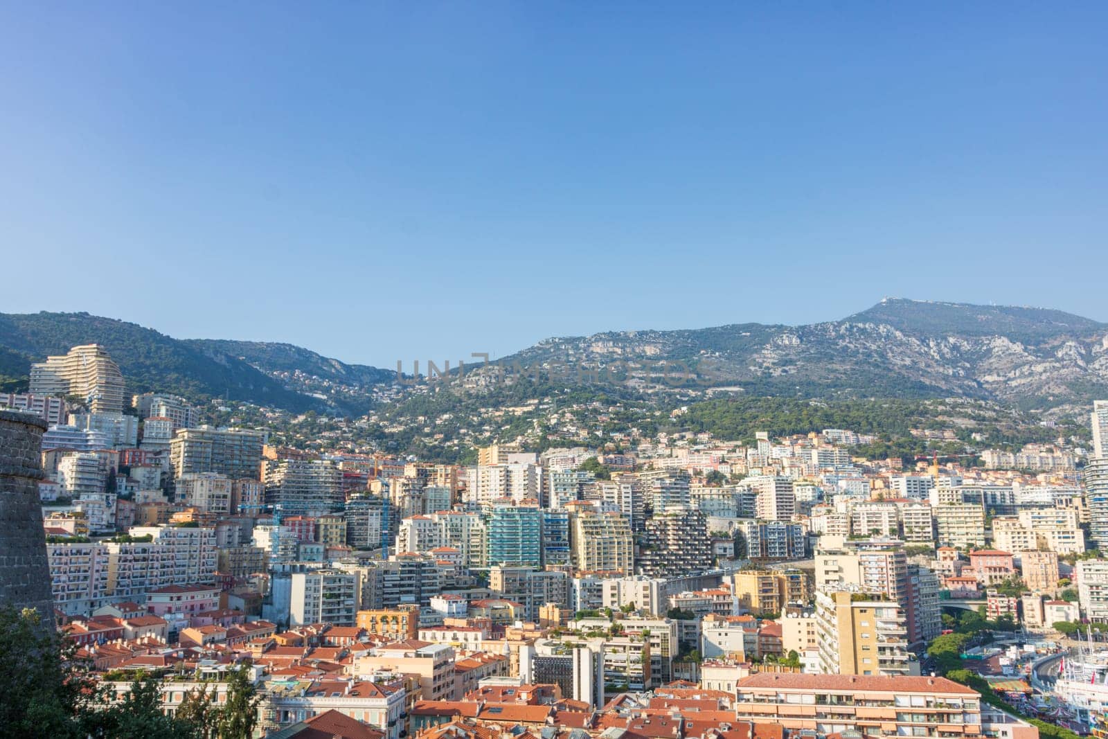 Panoramic view of Monte Carlo marina and cityscape. Principality of Monaco, French Riviera