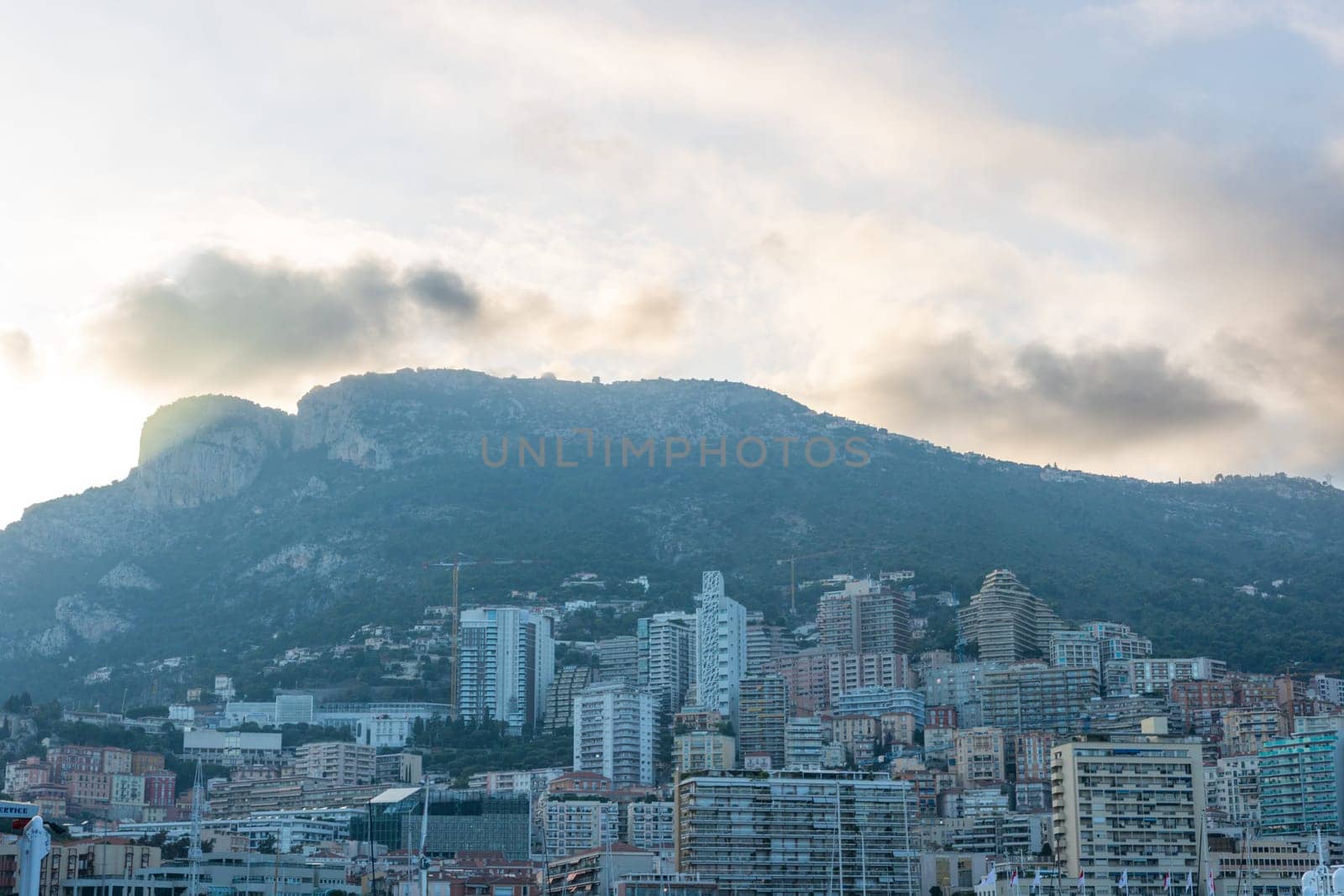 Panoramic view of Monte Carlo marina and cityscape. Principality of Monaco, French Riviera