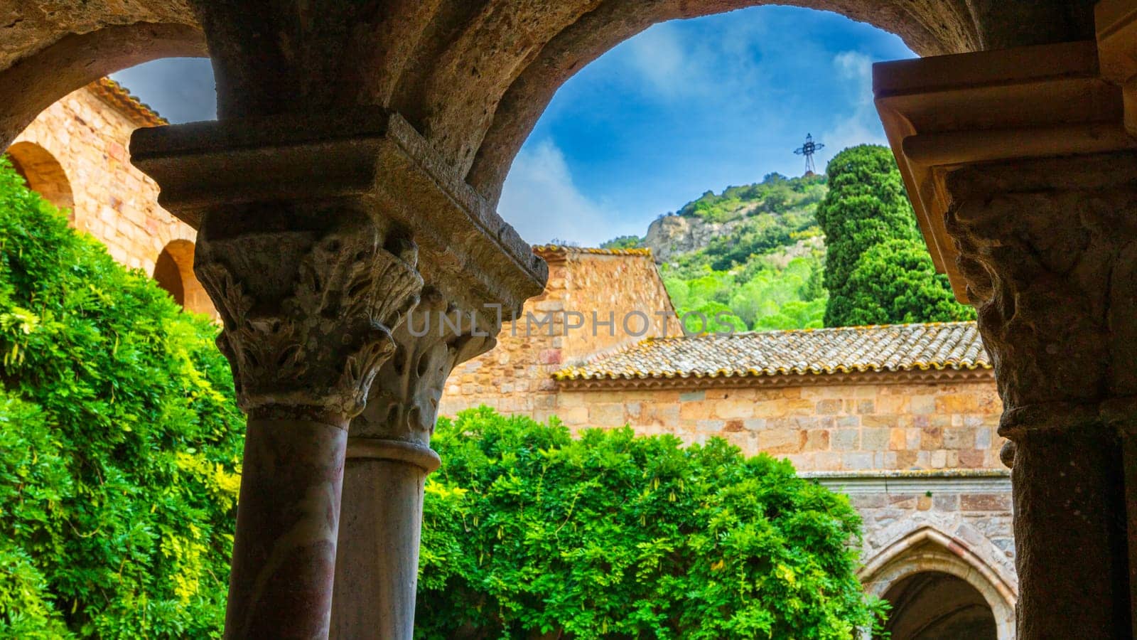 Fontfroide Abbey or Abbaye de Fontfroide is monastery in France gothic walls and arches