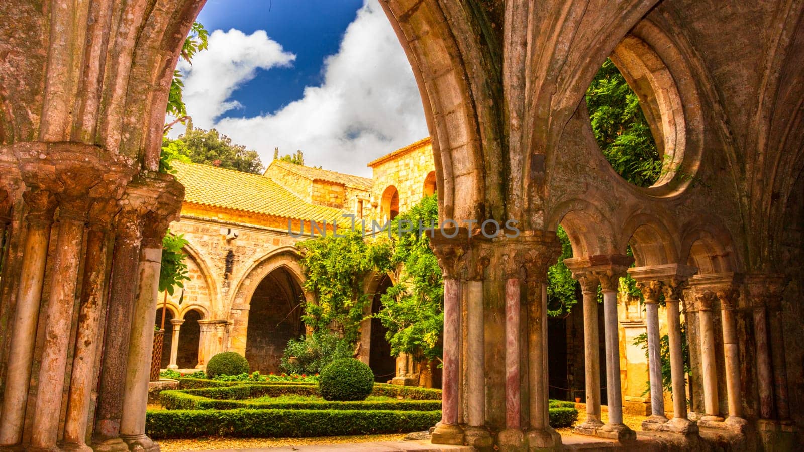 Fontfroide Abbey or Abbaye de Fontfroide is monastery in France gothic walls and arches