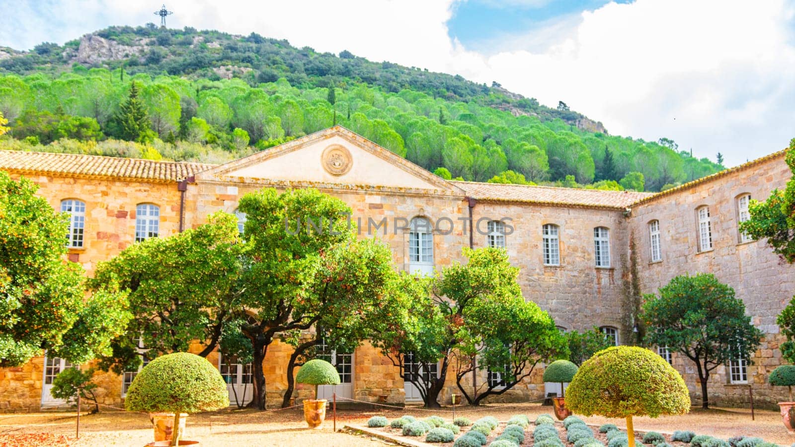 Fontfroide Abbey or Abbaye de Fontfroide is monastery in France gothic walls and arches