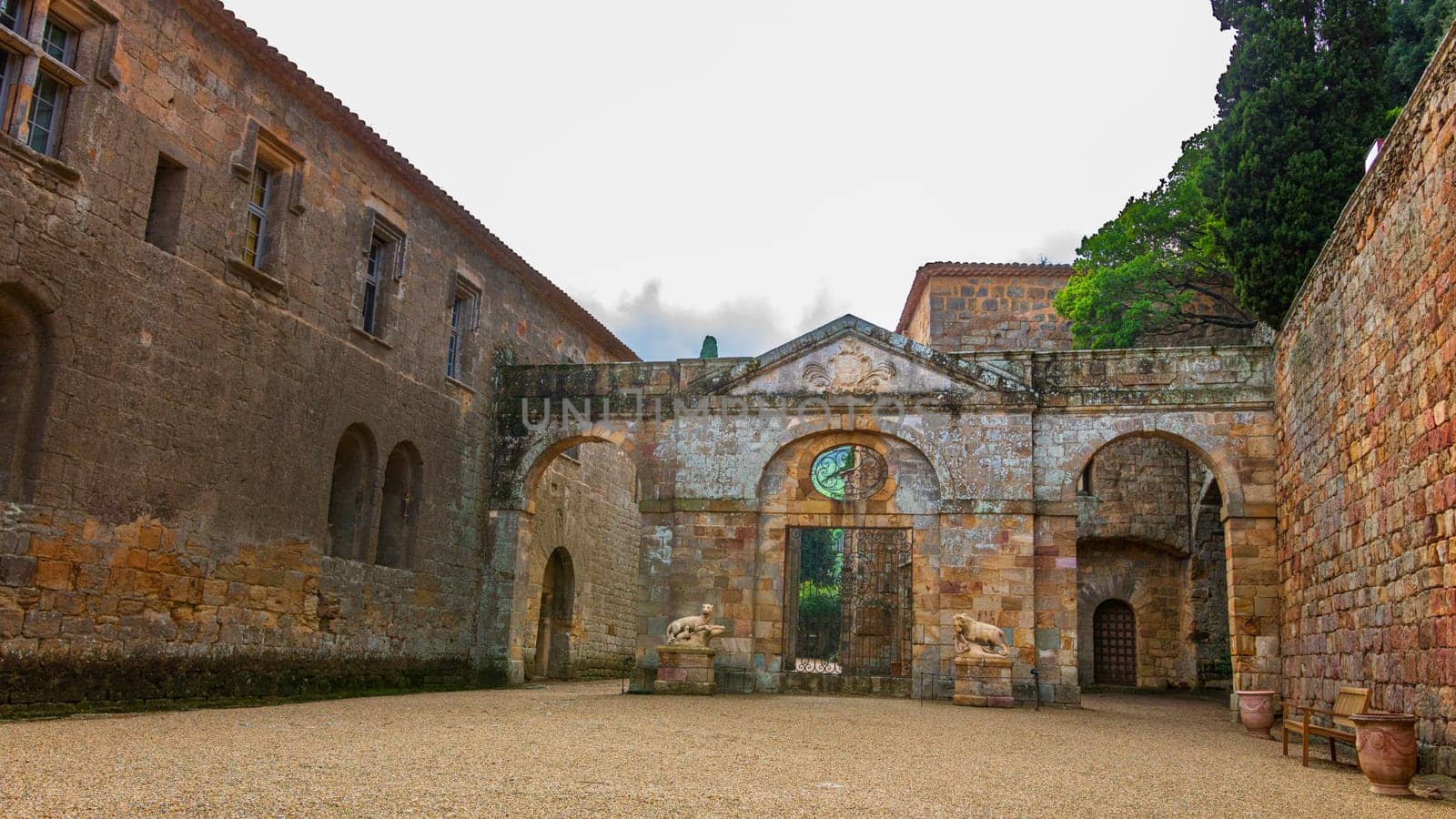 Fontfroide Abbey or Abbaye de Fontfroide is monastery in France gothic walls and arches