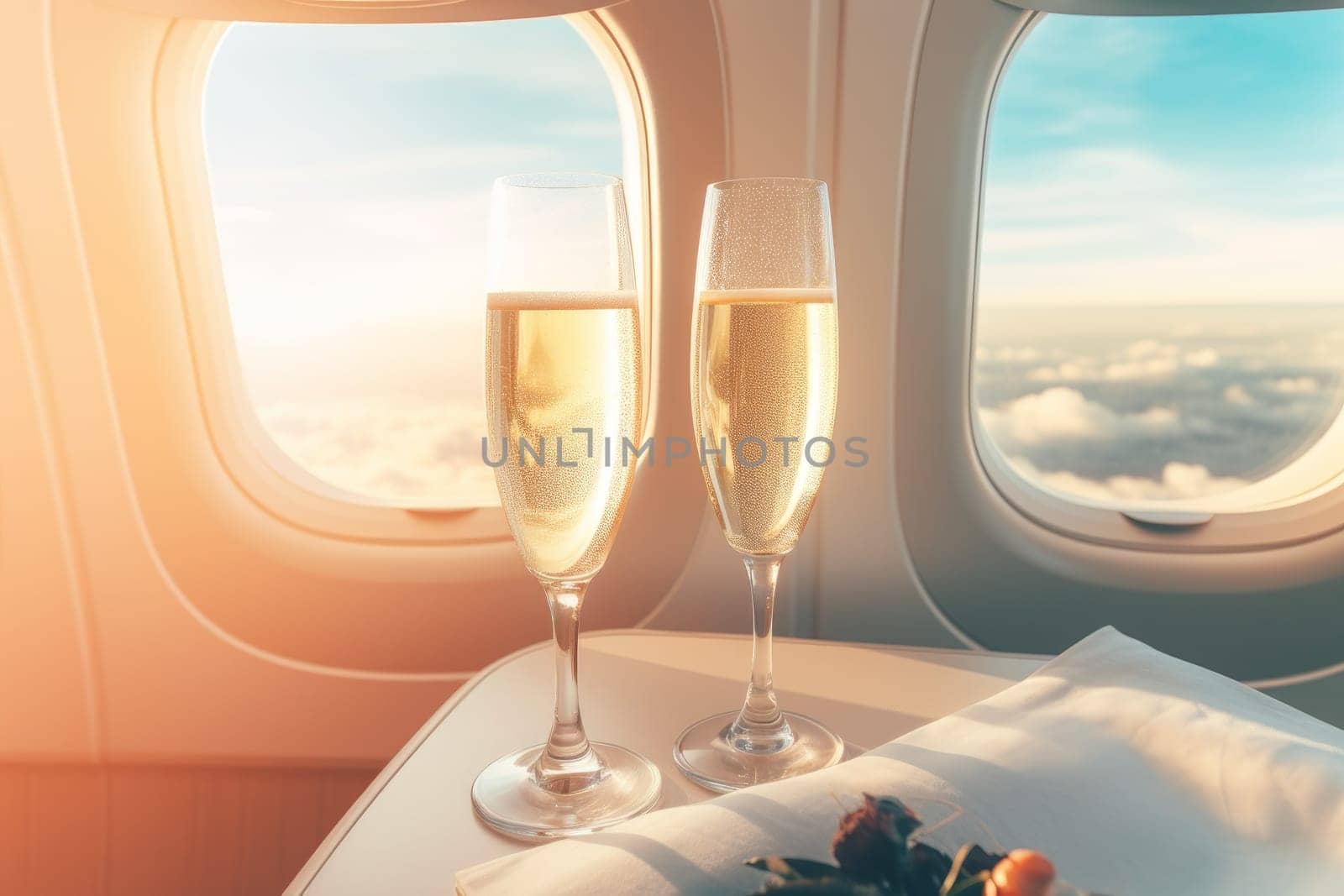 Effervescent Glasses with champagne on airplane flight. Generate ai by ylivdesign